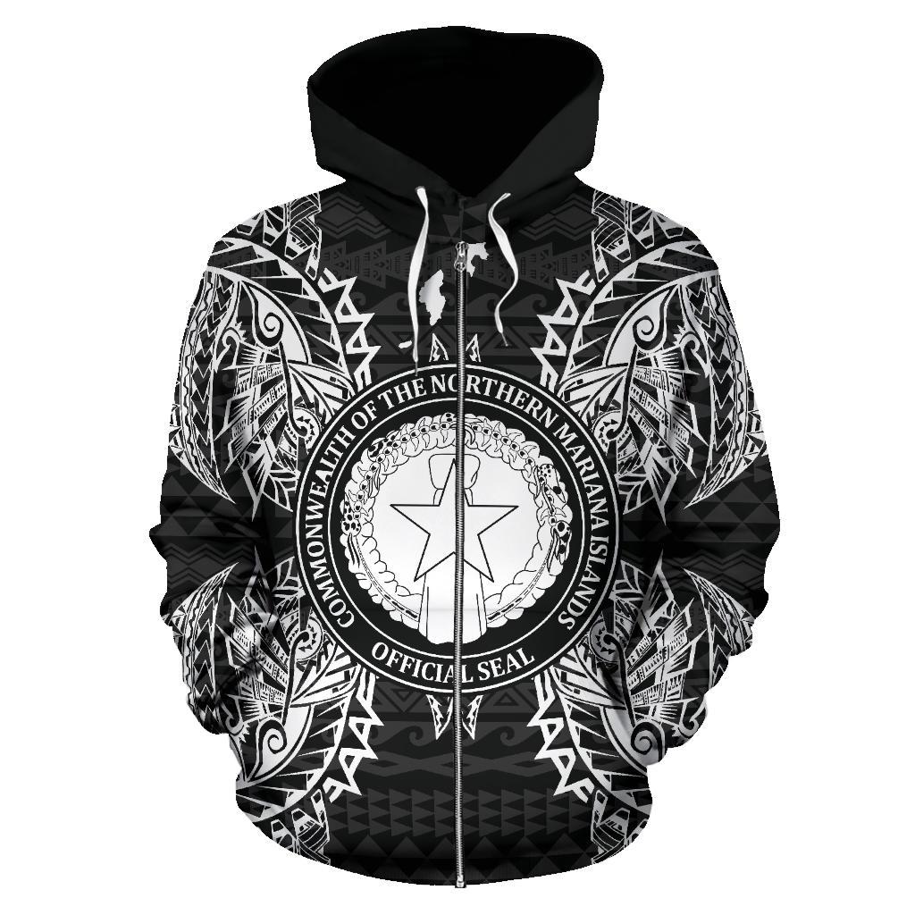 Northern Mariana Islands Polynesian All Over Zip up Hoodie Map Black - Polynesian Pride