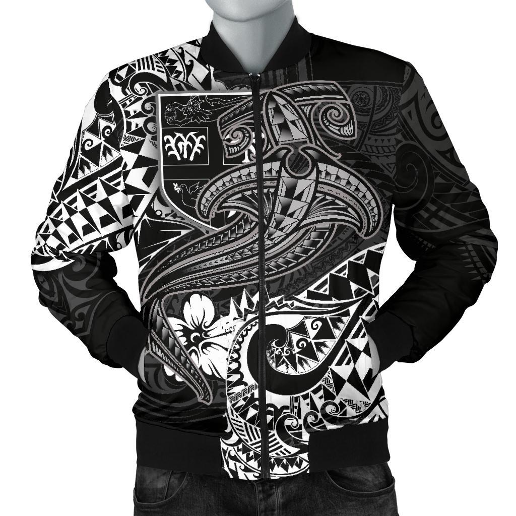 Fiji Men's Bomber Jacket - White Shark Polynesian Tattoo White - Polynesian Pride