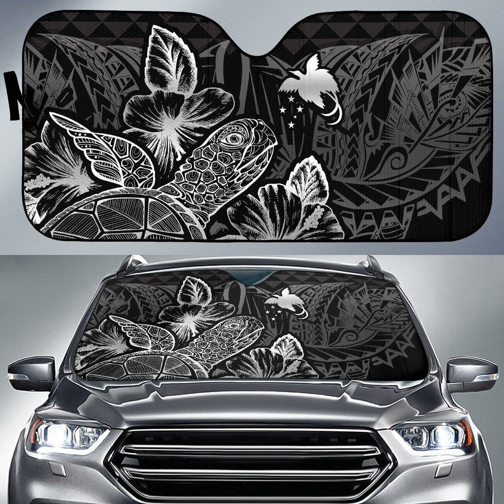Papua New Guinea Auto Sun Shades Turtle Hibiscus Black Auto Sun Shade Universal Fit Black - Polynesian Pride