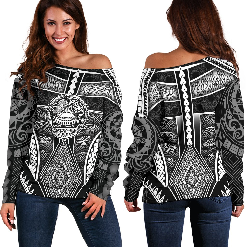 Polynesian Off Shoulder Sweaters - American Samoa Coat Of Arm With Poly Patterns - Polynesian Pride
