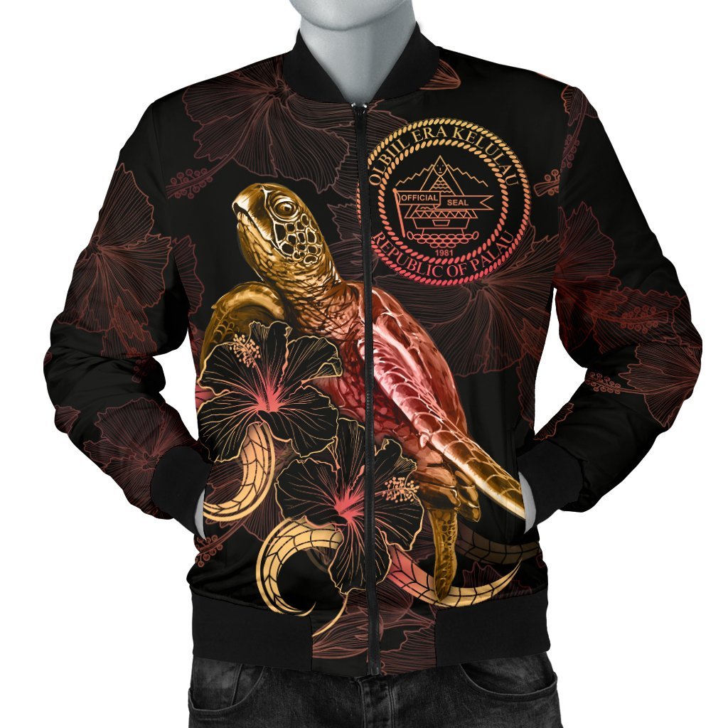 Palau Polynesian Men's Bomber Jacket - Turtle With Blooming Hibiscus Gold Gold - Polynesian Pride