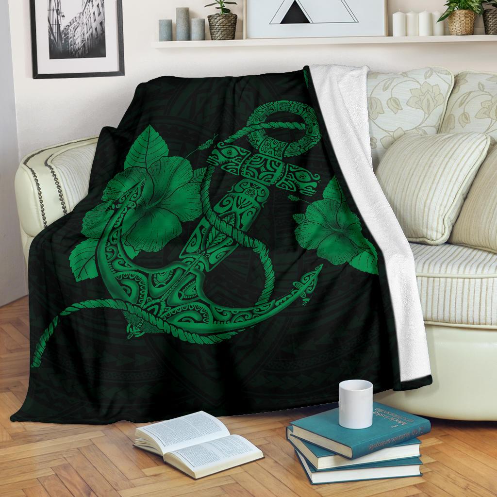 Anchor Green Poly Tribal Premium Blanket White - Polynesian Pride