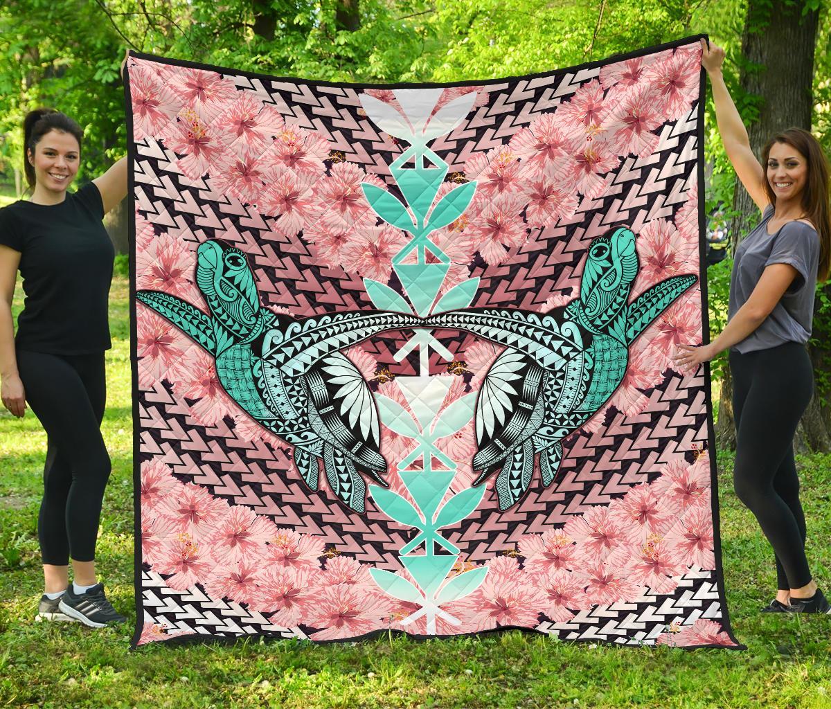 Hawaii Turtle Kanaka Hibiscus Tropical Polynesian Premium Quilt - Sweet Style - AH Pink - Polynesian Pride