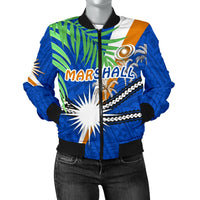 Marshall Islands Rugby Women Bomber Jacket Coconut Leaves Blue - Polynesian Pride
