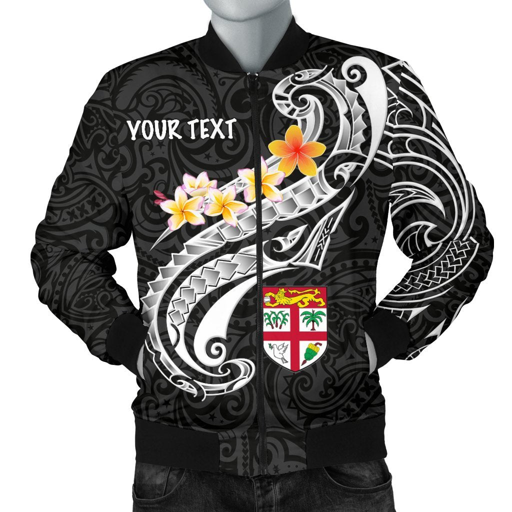 Fiji Custom Personalised Men's Bomber Jacket - Fiji Seal Polynesian Patterns Plumeria (Black) Black - Polynesian Pride