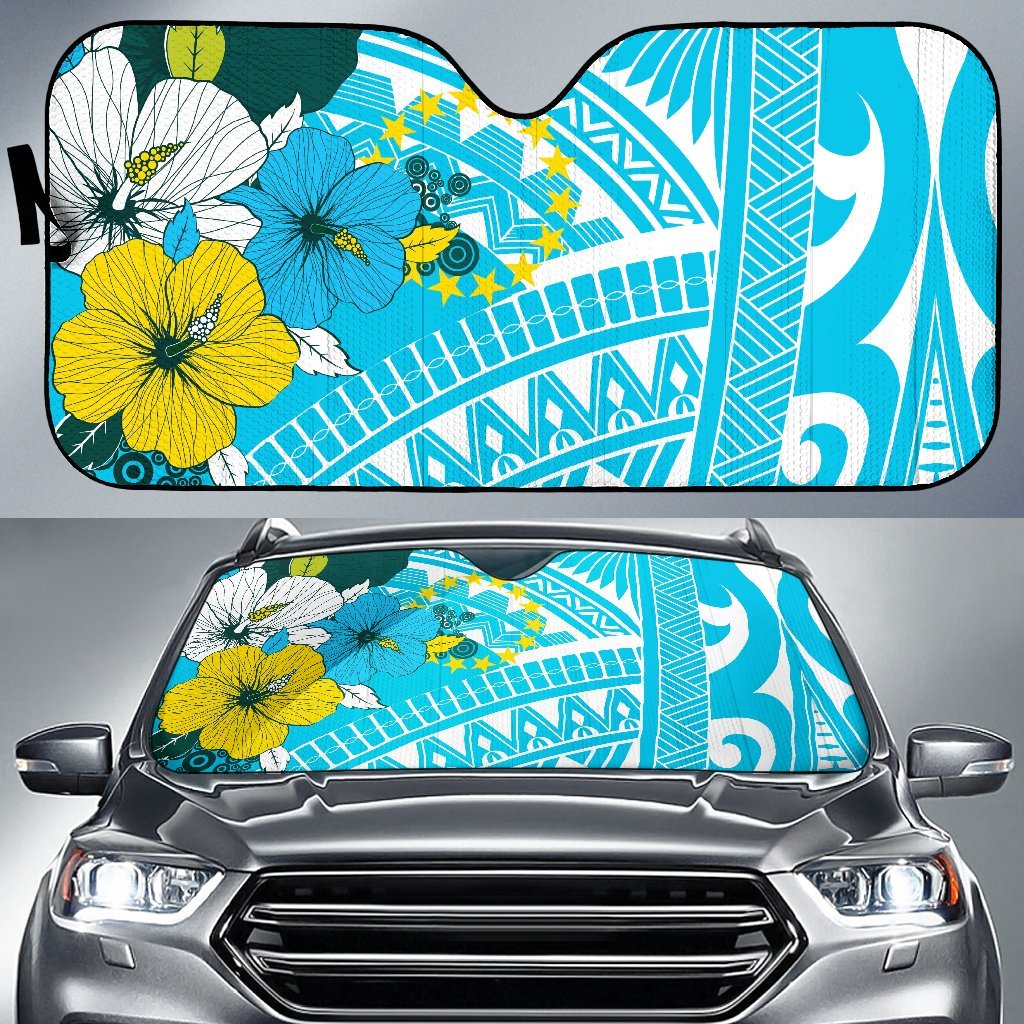 Cook Islands Auto Sun Shades - Polynesian Pattern Aquamarine Stone Color Auto Sun Shade Universal Fit Blue - Polynesian Pride