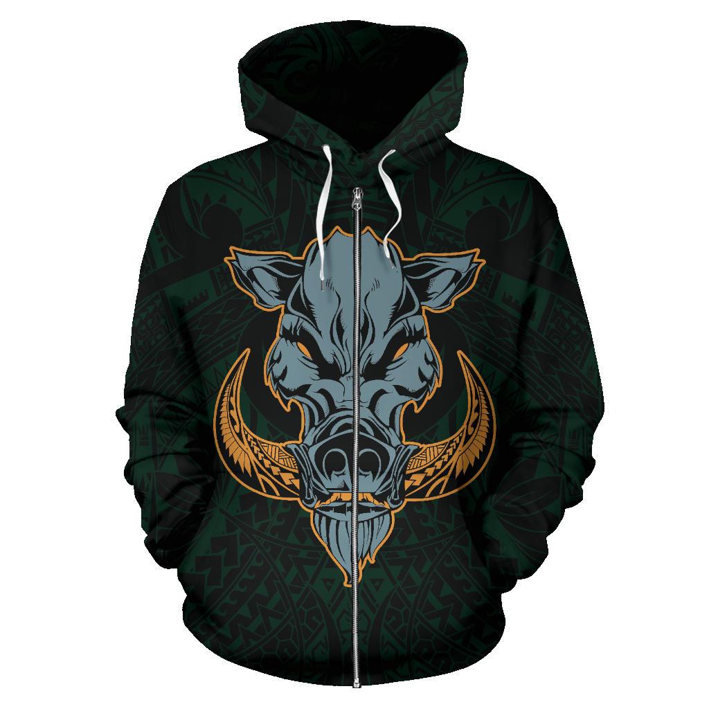 Polynesian Kamapuaa Flag of Hawaii Zip Hoodie Green Hawaiian Mythology Style - Polynesian Pride