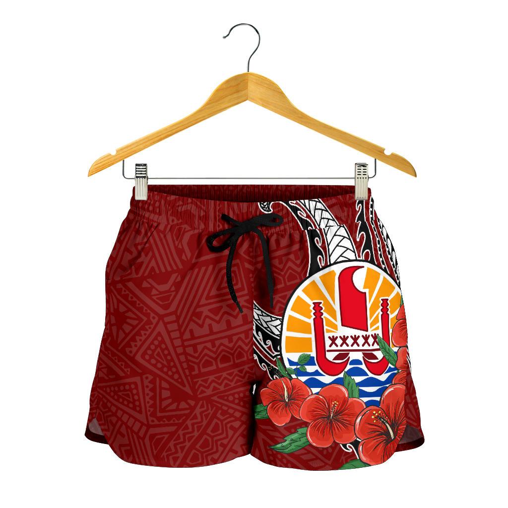 Tahiti Polynesian Women Shorts - Hibiscus Coat of Arm Red - Polynesian Pride