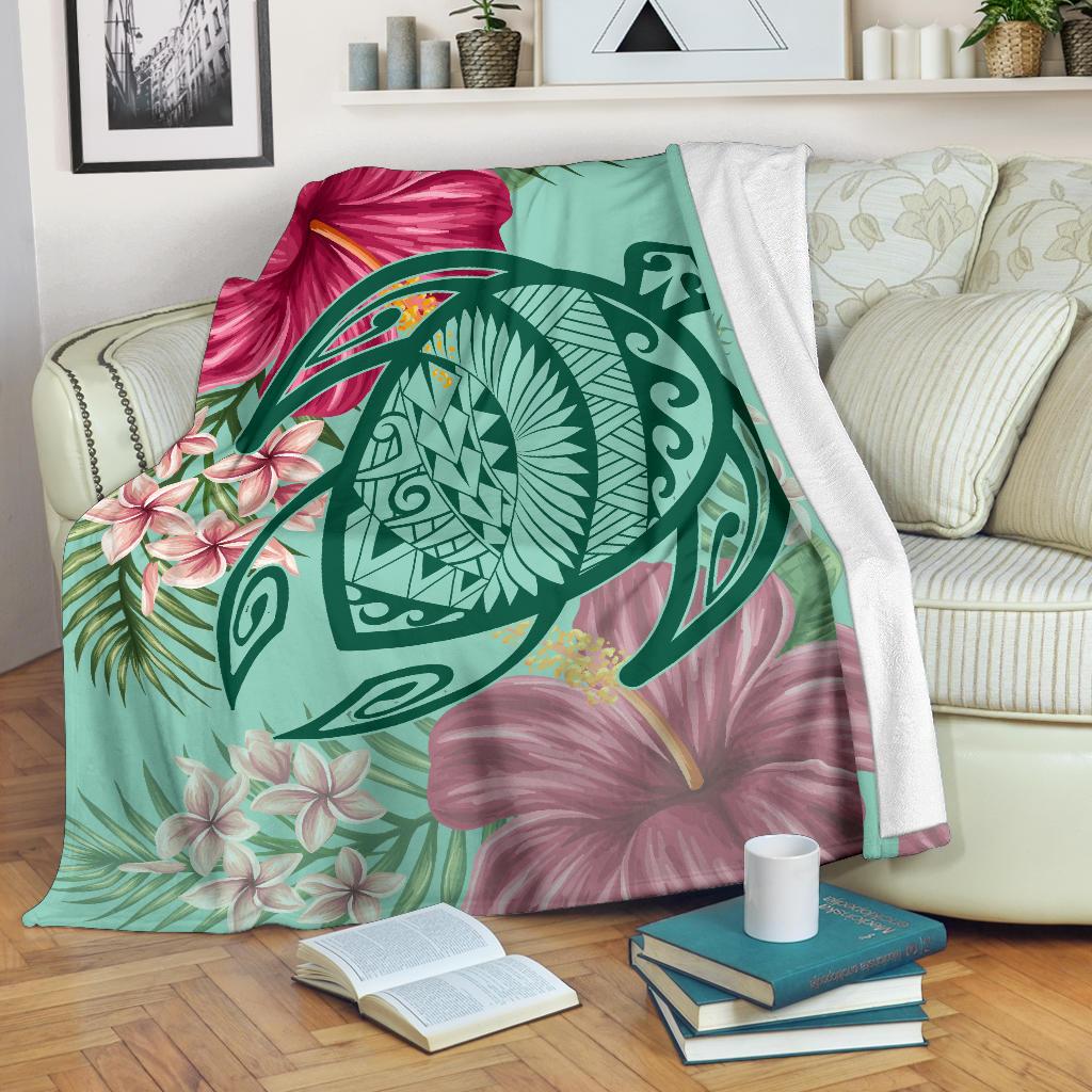 Hawaii Turtle Hibiscus Plumeria Premium Blanket - Hug Style White - Polynesian Pride