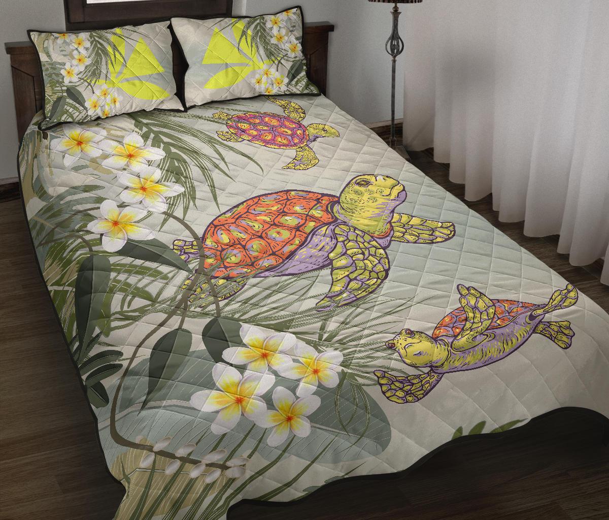 Hawaii Honu Chibi Sea Plumeria Quilt Bed Set - Polynesian Pride