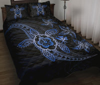 Kanaka Map Hibiscus Plumeria Turtle Art Blue Polynesian Quilt Bed Set - Polynesian Pride