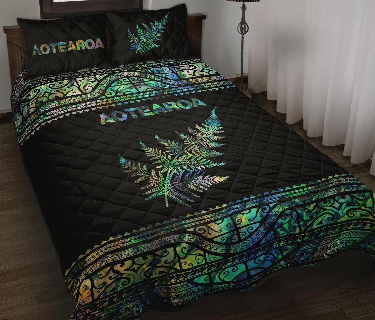 Aotearoa Maori Silver Fern Quilt Bed Set Paua Shell Paua Shell - Polynesian Pride