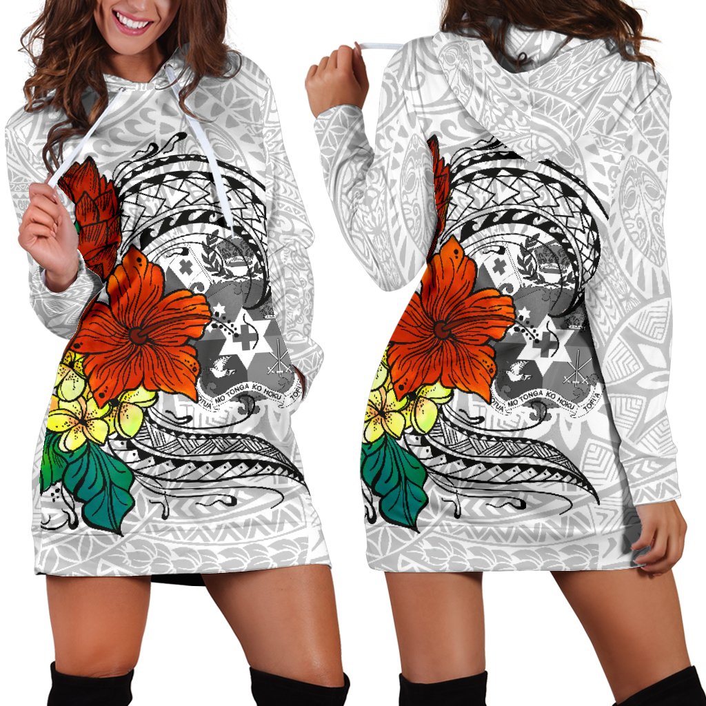 Tonga Women's Hoodie Dress - Tropical Flowers White Patterns Style Black - Polynesian Pride