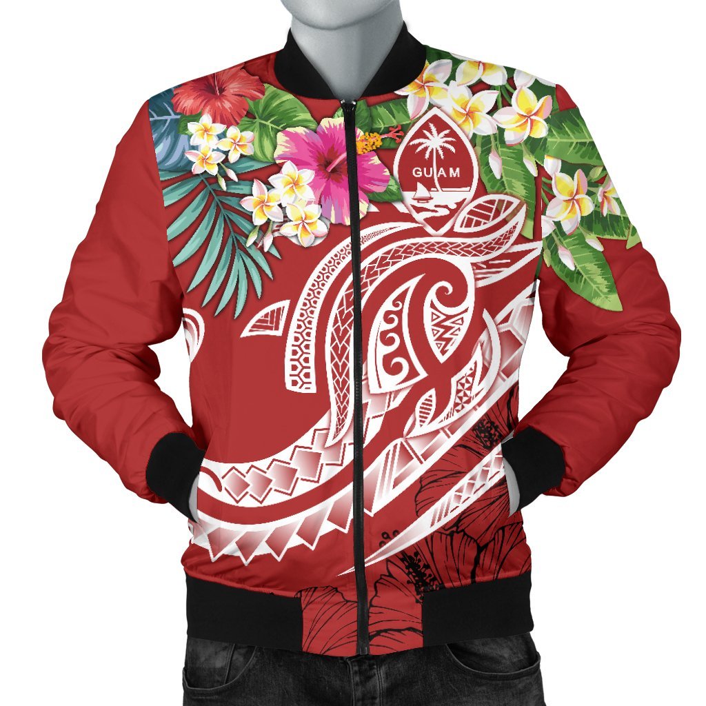 Guam Polynesian Men's Bomber Jacket - Summer Plumeria (Black) Red - Polynesian Pride