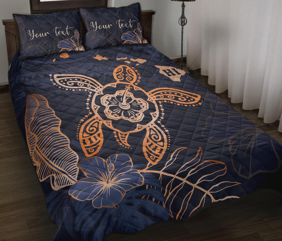 Personalized - Hawaii Kakau Polynesian Turtle Map Quilt Bed Set - Indigo - Polynesian Pride