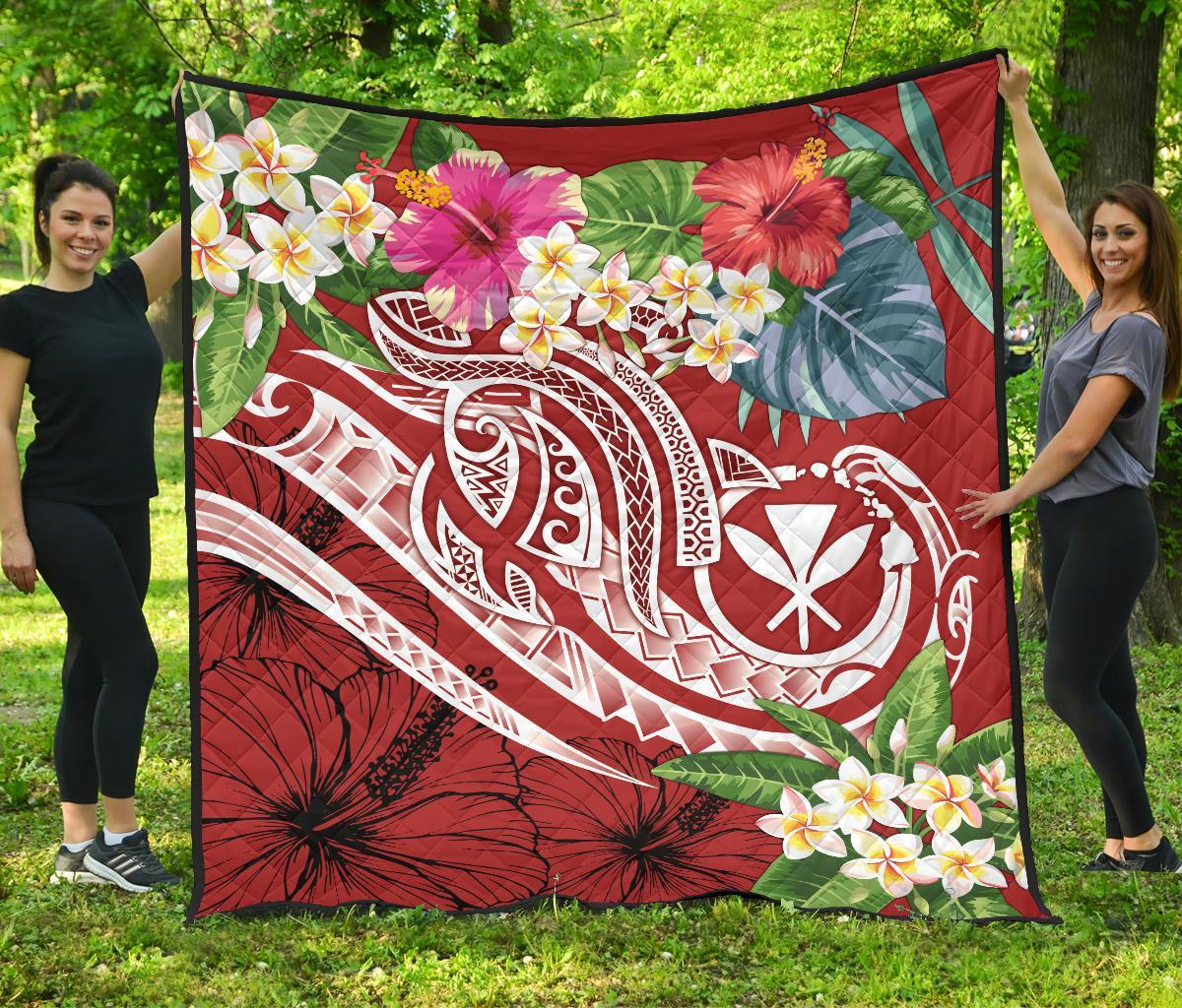 Polynesian Hawaii Kanaka Maoli Premium Quilt - Summer Plumeria (Red) - Polynesian Pride