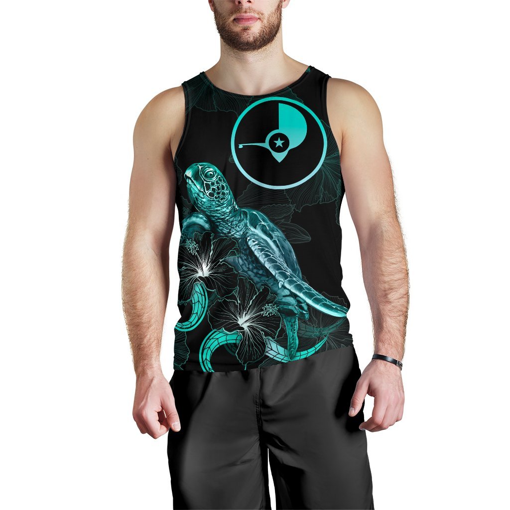 Yap Polynesian Men Tank Top - Turtle With Blooming Hibiscus Tuquoise - Polynesian Pride