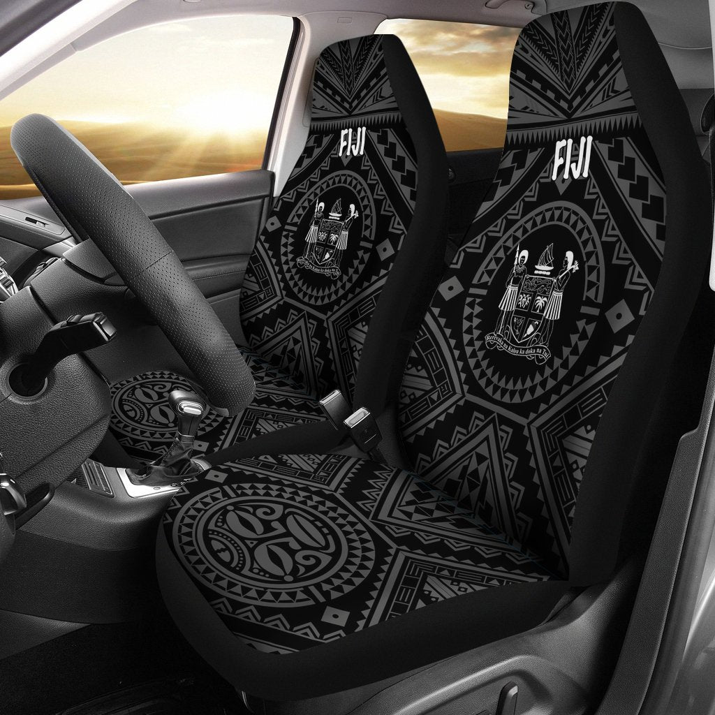 Fiji Car Seat Covers - Fiji Seal With Polynesian Tattoo Style (Black) Universal Fit Black - Polynesian Pride