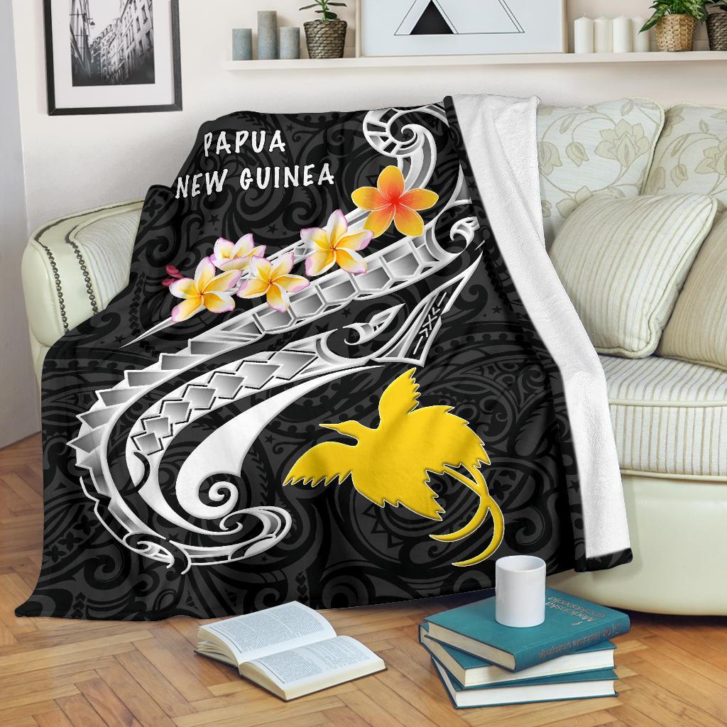 Papua New Guinea Premium Blanket - PNG Seal Polynesian Patterns Plumeria (Black) - Polynesian Pride