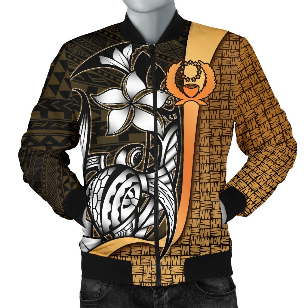 Pohnpei Micronesia Men's Bomber Jackets Gold - Turtle With Hook Gold - Polynesian Pride
