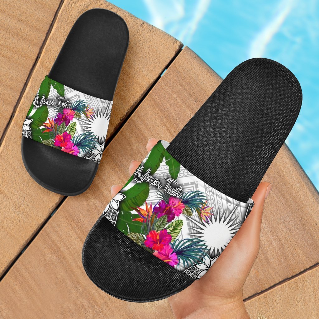 Marshall Islands Custom Personalised Slide Sandals White - Turtle Plumeria Banana Leaf Black - Polynesian Pride