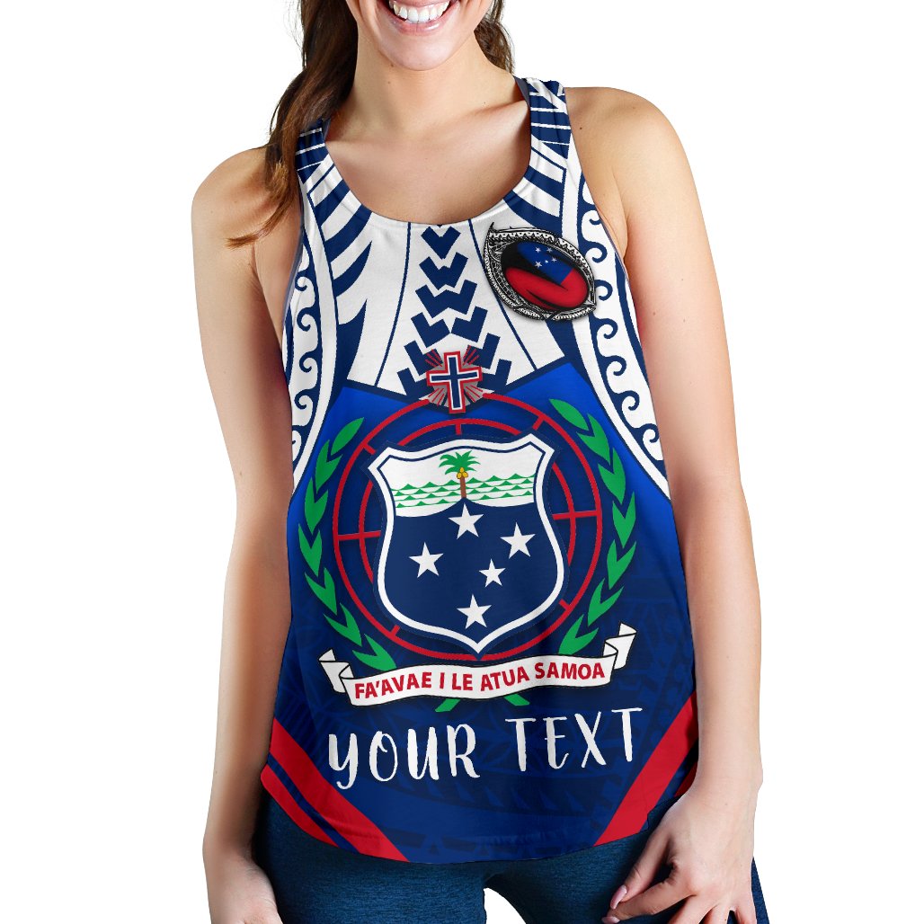 (Custom Personalised) Samoa Rugby Women's Racerback Tank Tribal Pattern Blue - Polynesian Pride