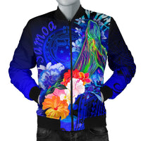 Samoa Men's Bomber Jacket - Humpback Whale with Tropical Flowers (Blue) Blue - Polynesian Pride