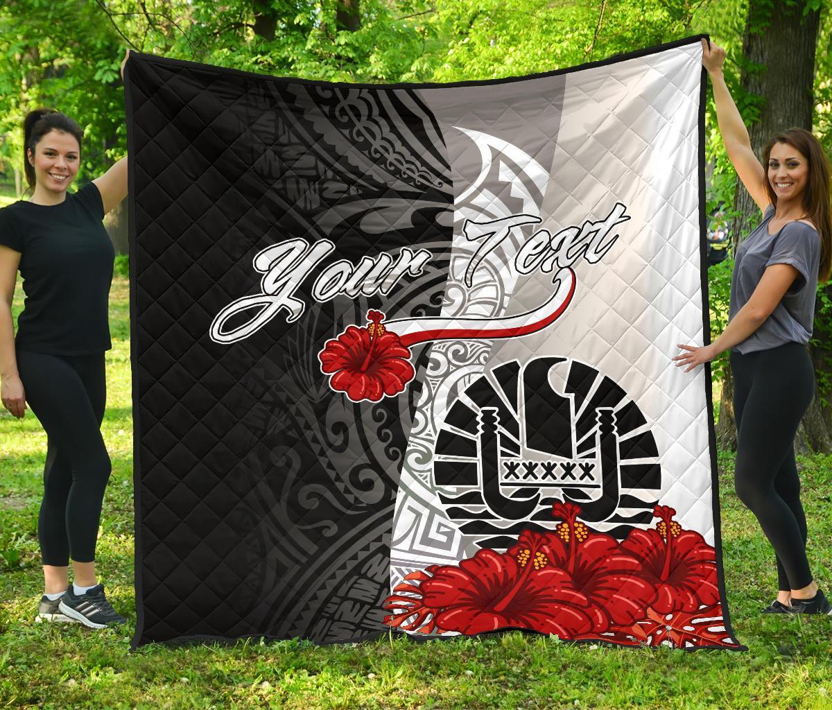 Tahiti Polynesian Custom Personalised Premium Quilt - Coat Of Arm With Hibiscus White - Polynesian Pride