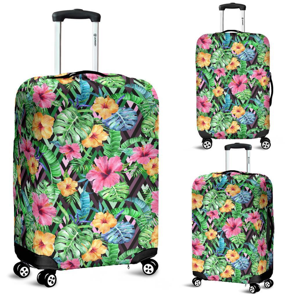 Tropical Hibiscus Banana Leafs Luggage Cover White - Polynesian Pride