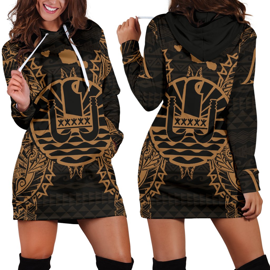 French Polynesia Polynesian Hoodie Dress Map Gold Gold - Polynesian Pride