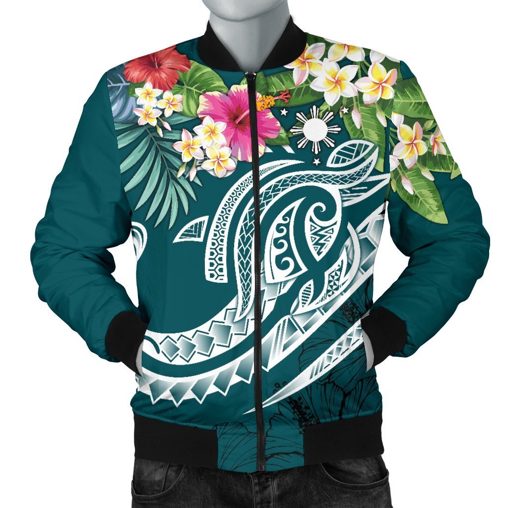 The Philippines Men's Bomber Jacket - Summer Plumeria (Turquoise) Turquoise - Polynesian Pride