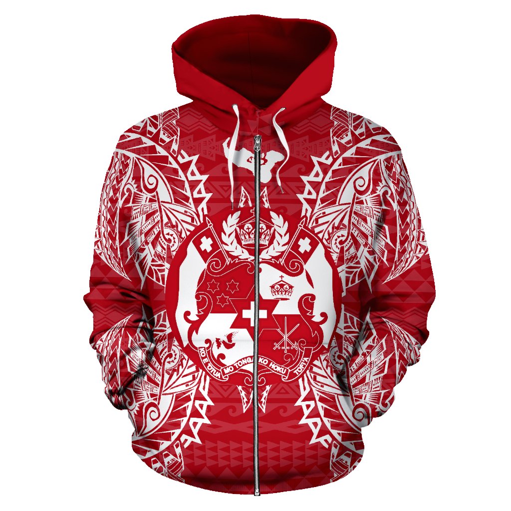 Tonga Polynesian All Over Zip up Hoodie Map Red White - Polynesian Pride