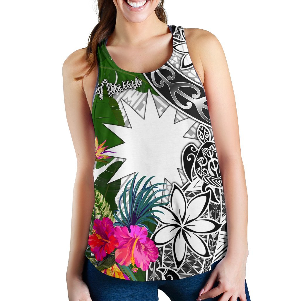 Nauru Women's Racerback Tank White - Turtle Plumeria Banana Leaf - Polynesian Pride