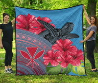 Hawaii Turtle Hibiscus Kanaka Pink Style - Premium Quilt AH Blue - Polynesian Pride
