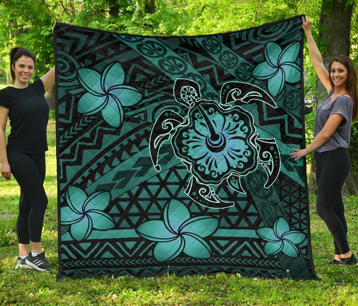 Hawaii Mix Polynesian Turtle Plumeria Premium Quilt - AH - Nick Style - Turquoise Turquoise - Polynesian Pride
