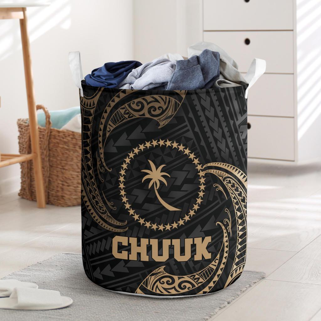 Chuuk Micronesia Laundry Basket - Gold Tribal Wave One Style One Size Black - Polynesian Pride