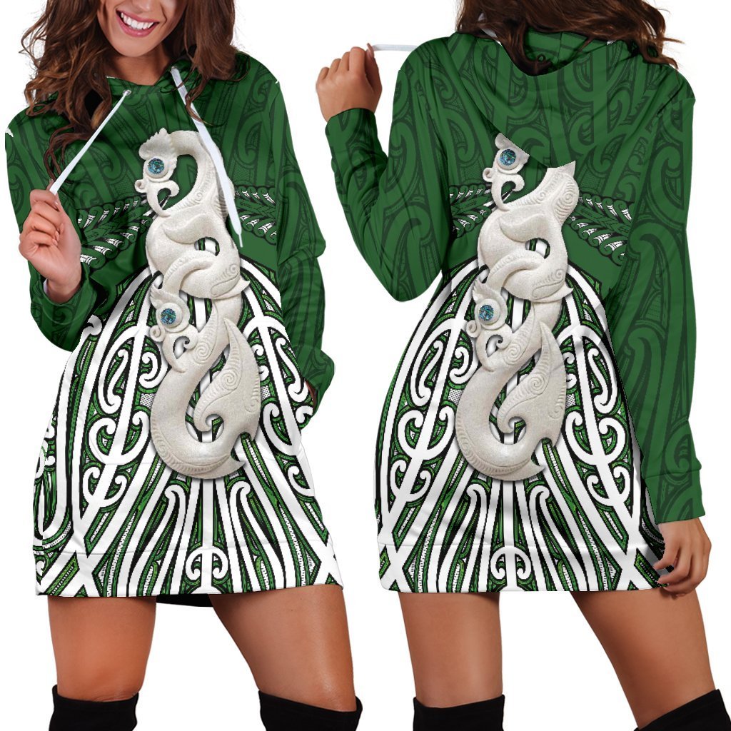 Maori Moko Tattoo Hoodie Dress, Manaia Pounamu Green - Polynesian Pride