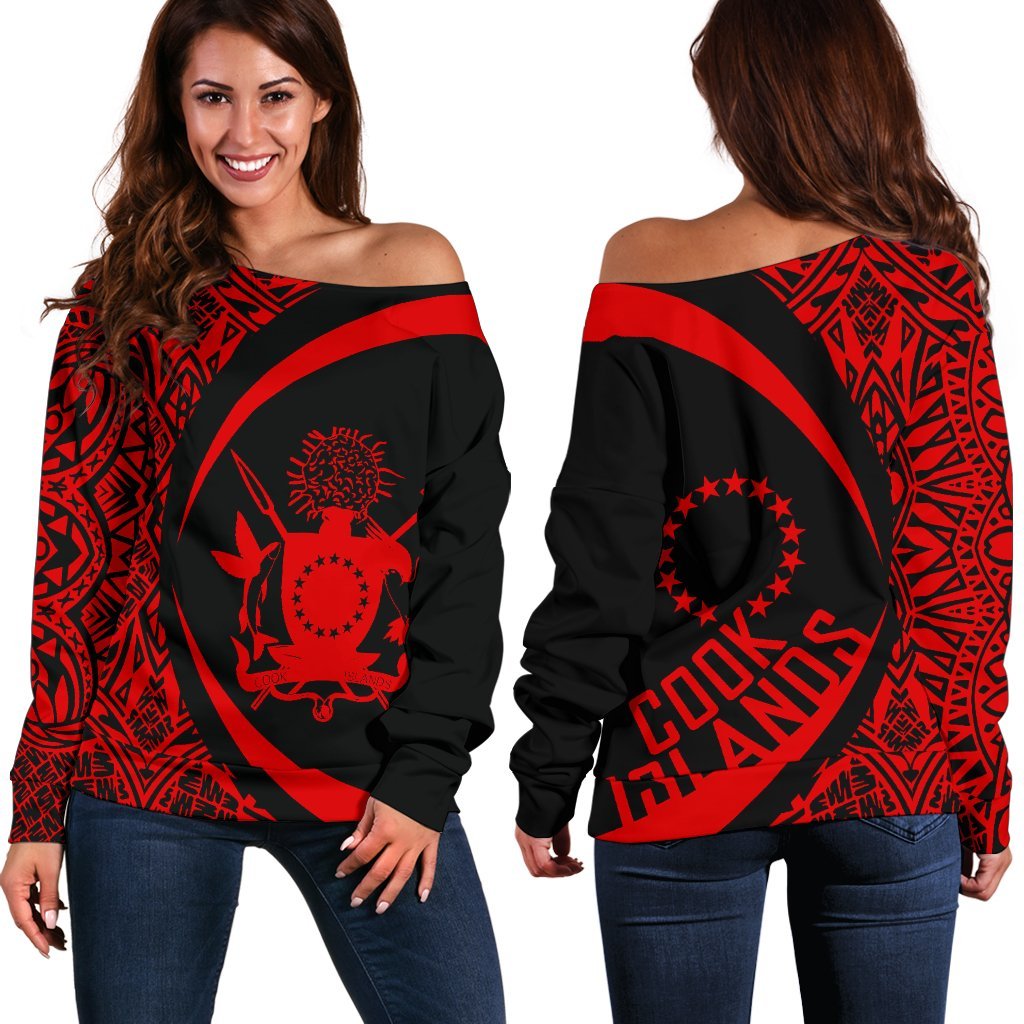 Cook Islands Women's Off Shoulder Sweater - Circle Style 04 Red - Polynesian Pride