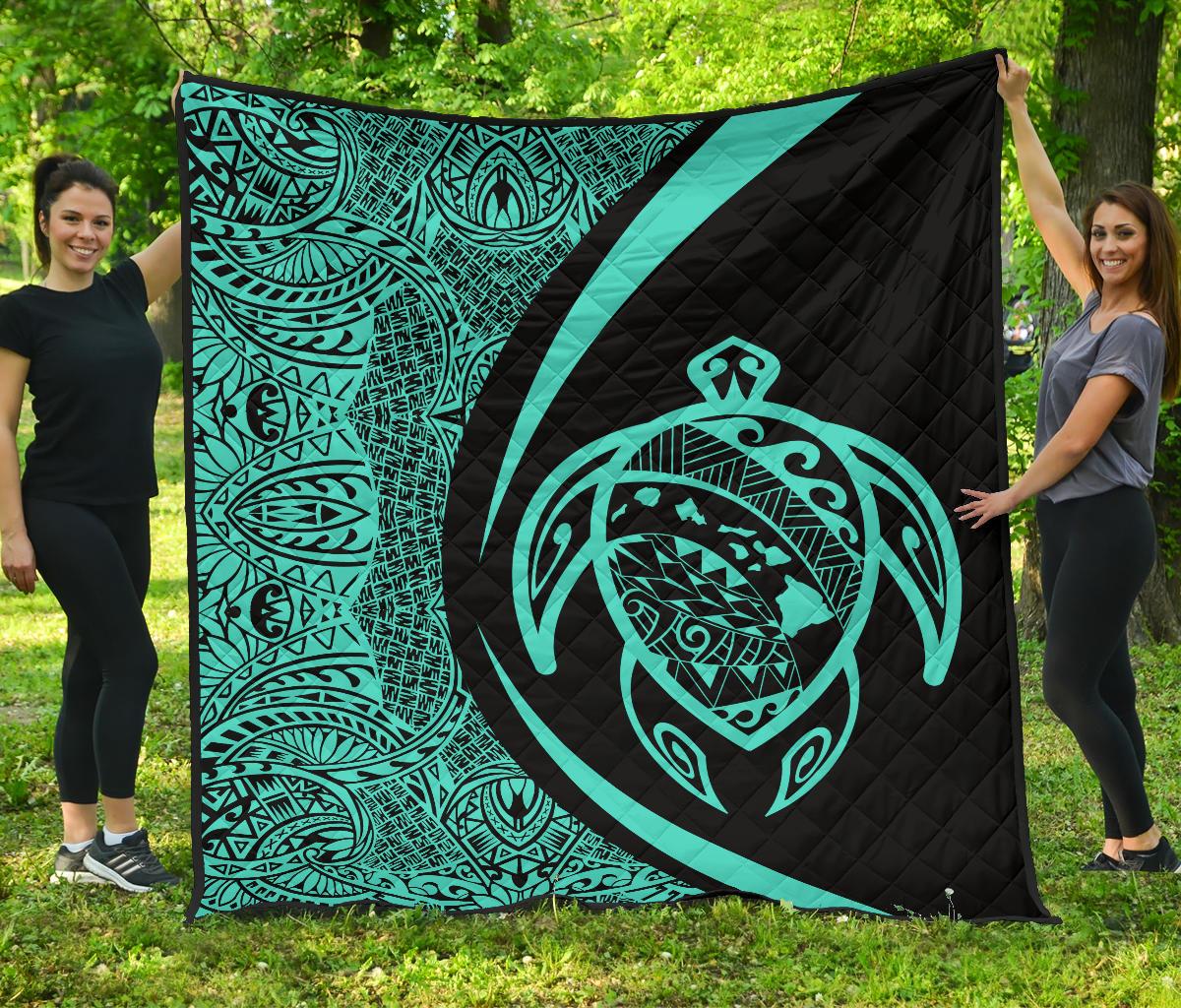 Hawaii Turtle Map Polynesian Premium Quilt - Turquoise - Circle Style Blue - Polynesian Pride