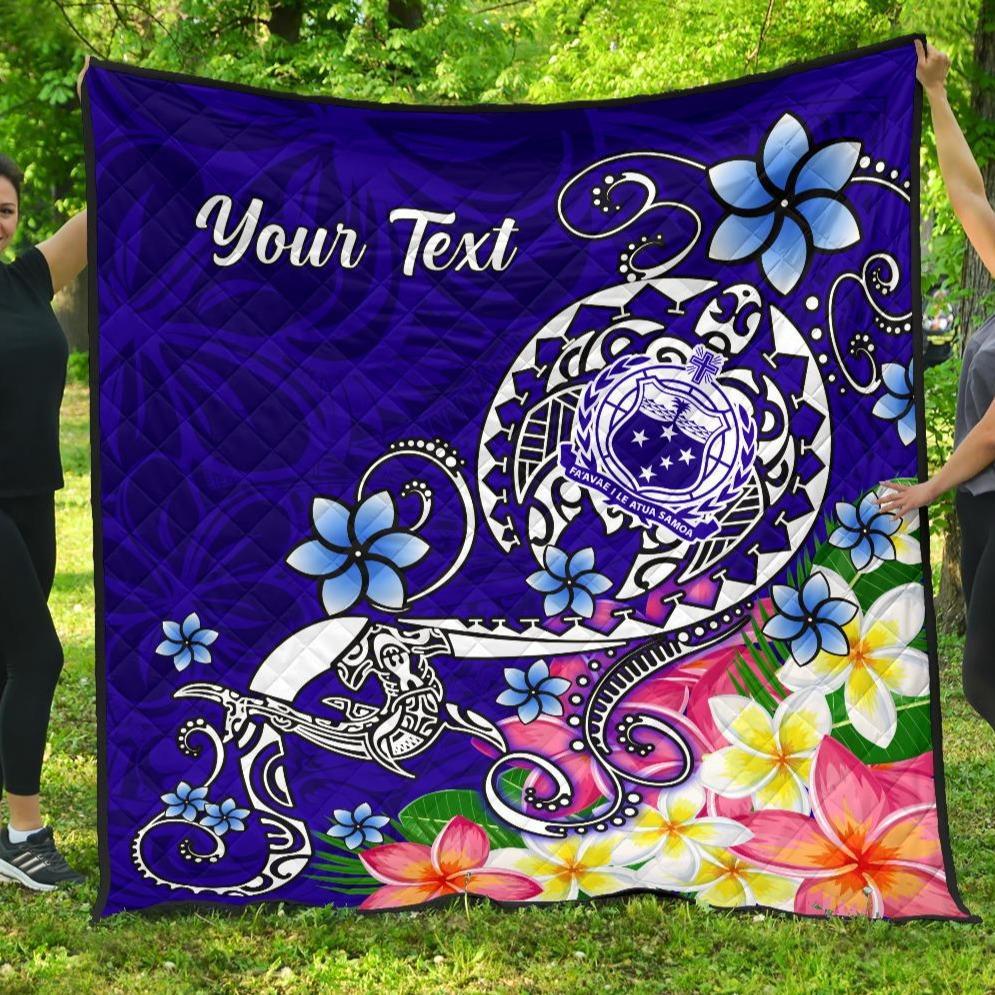 Samoa Custom Personalised Premium Quilt - Turtle Plumeria (Blue) Blue - Polynesian Pride