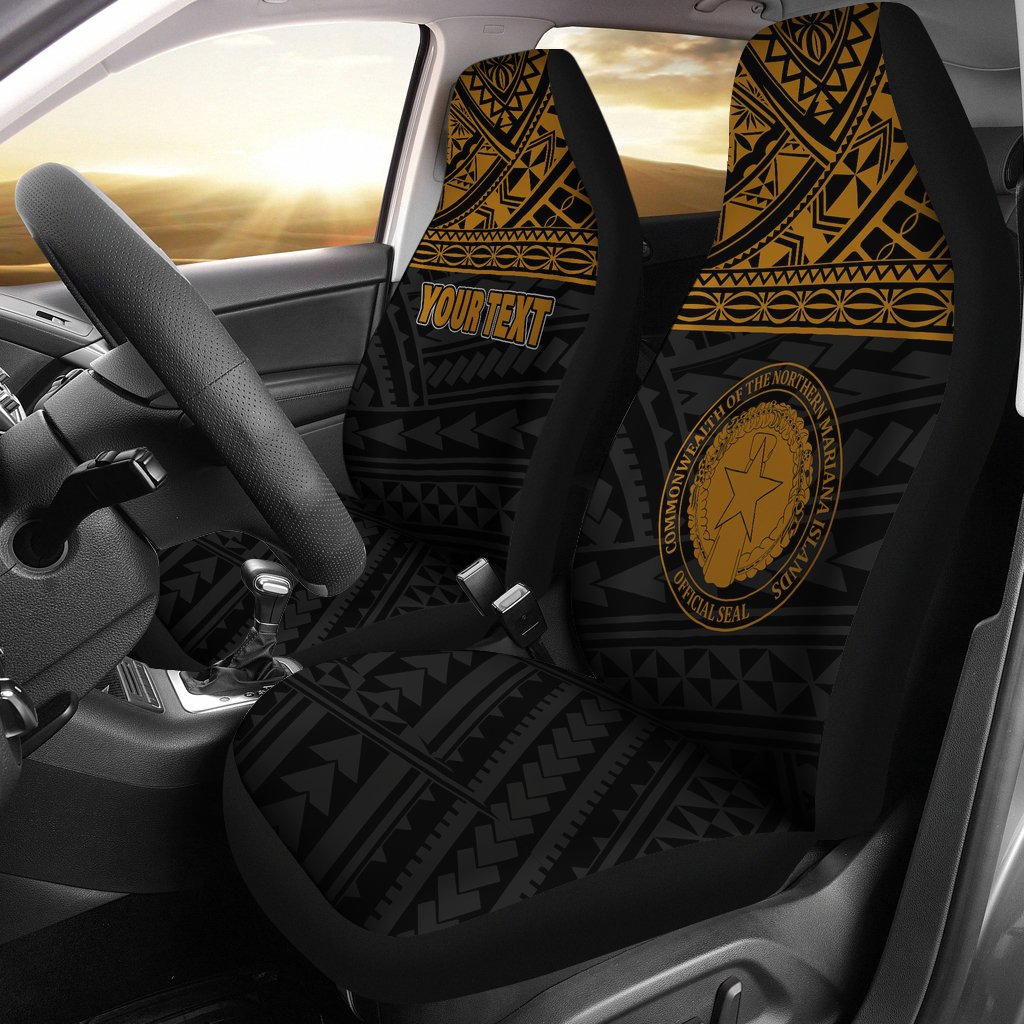 Northern Mariana Islands Custom Personalised Car Seat Covers - C N M I Seal Polynesian Gold Horizontal Universal Fit Black - Gold - Polynesian Pride