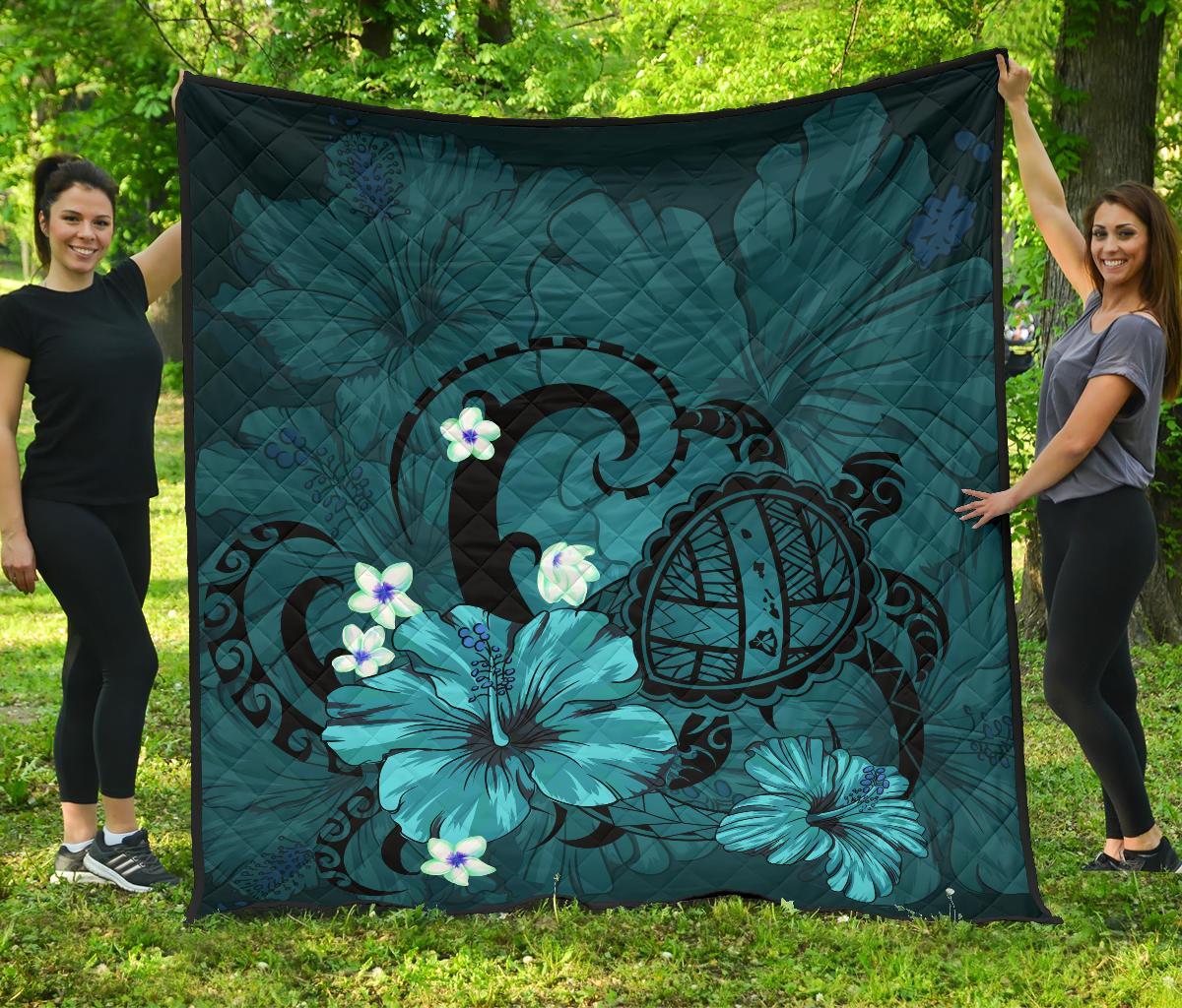 Hawaii Turtle Poly Tribal Turquoise Premium Quilt Turquoise - Polynesian Pride
