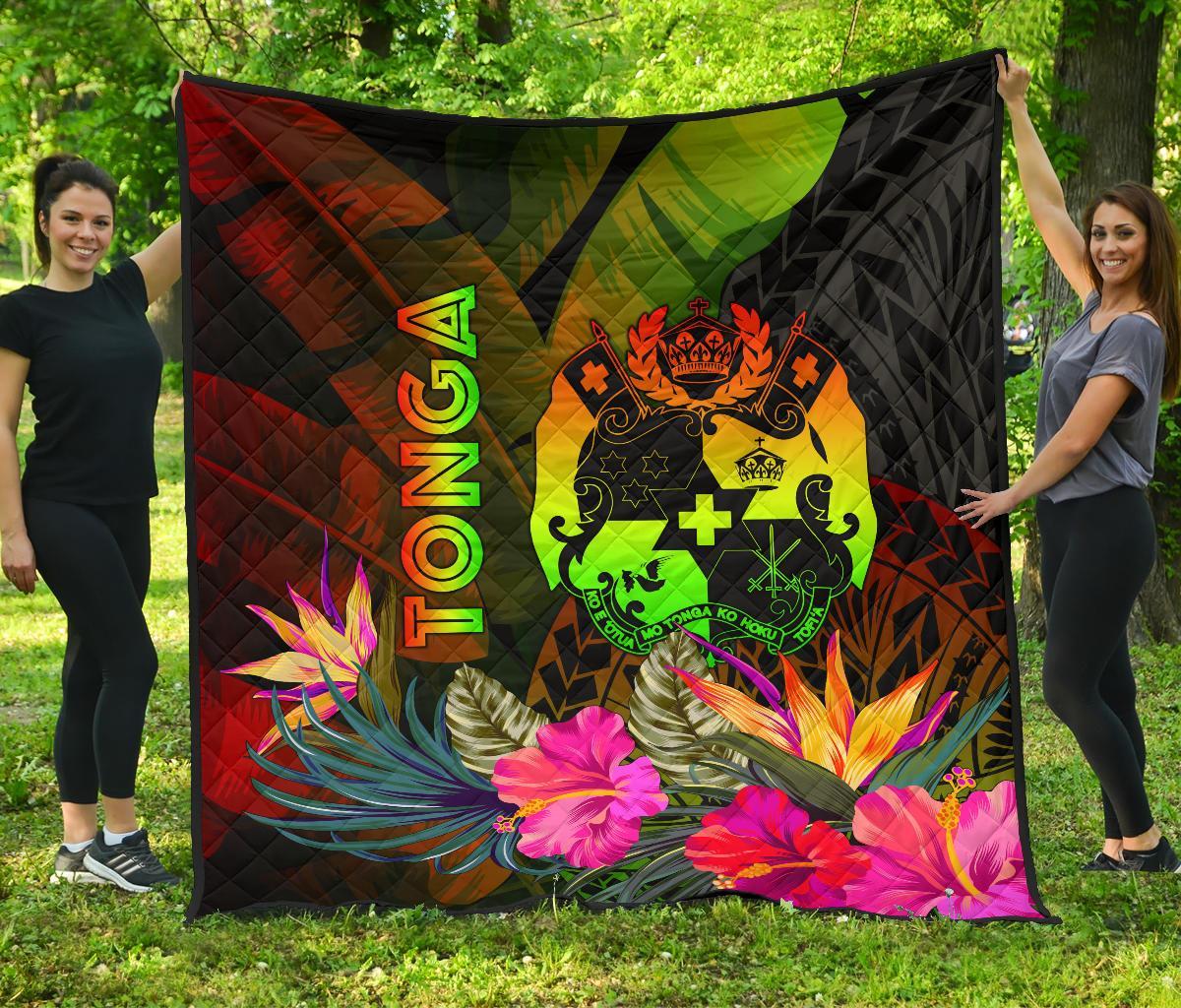 Tonga Polynesian Premium Quilt - Hibiscus and Banana Leaves - Polynesian Pride