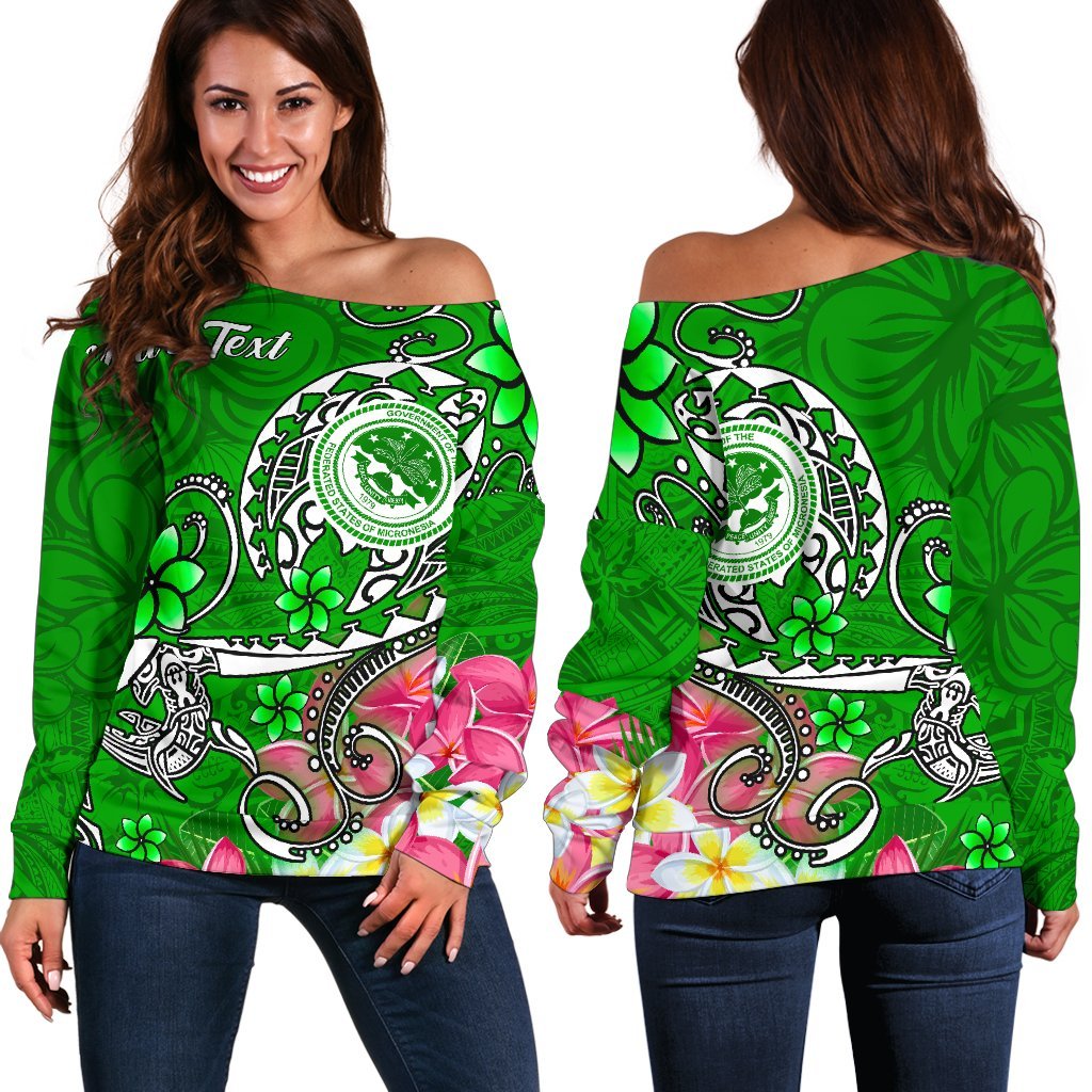 FSM Custom Personalised Women's Off Shoulder Sweater - Turtle Plumeria (Green) Green - Polynesian Pride