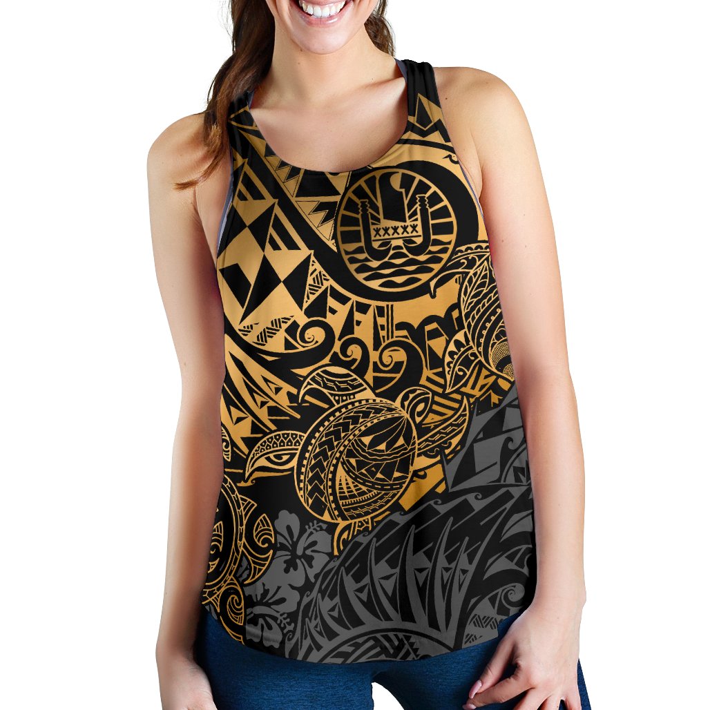 Tahiti Polynesian Women Racerback Tank - Gold Turtle Hibiscus Flowing - Polynesian Pride