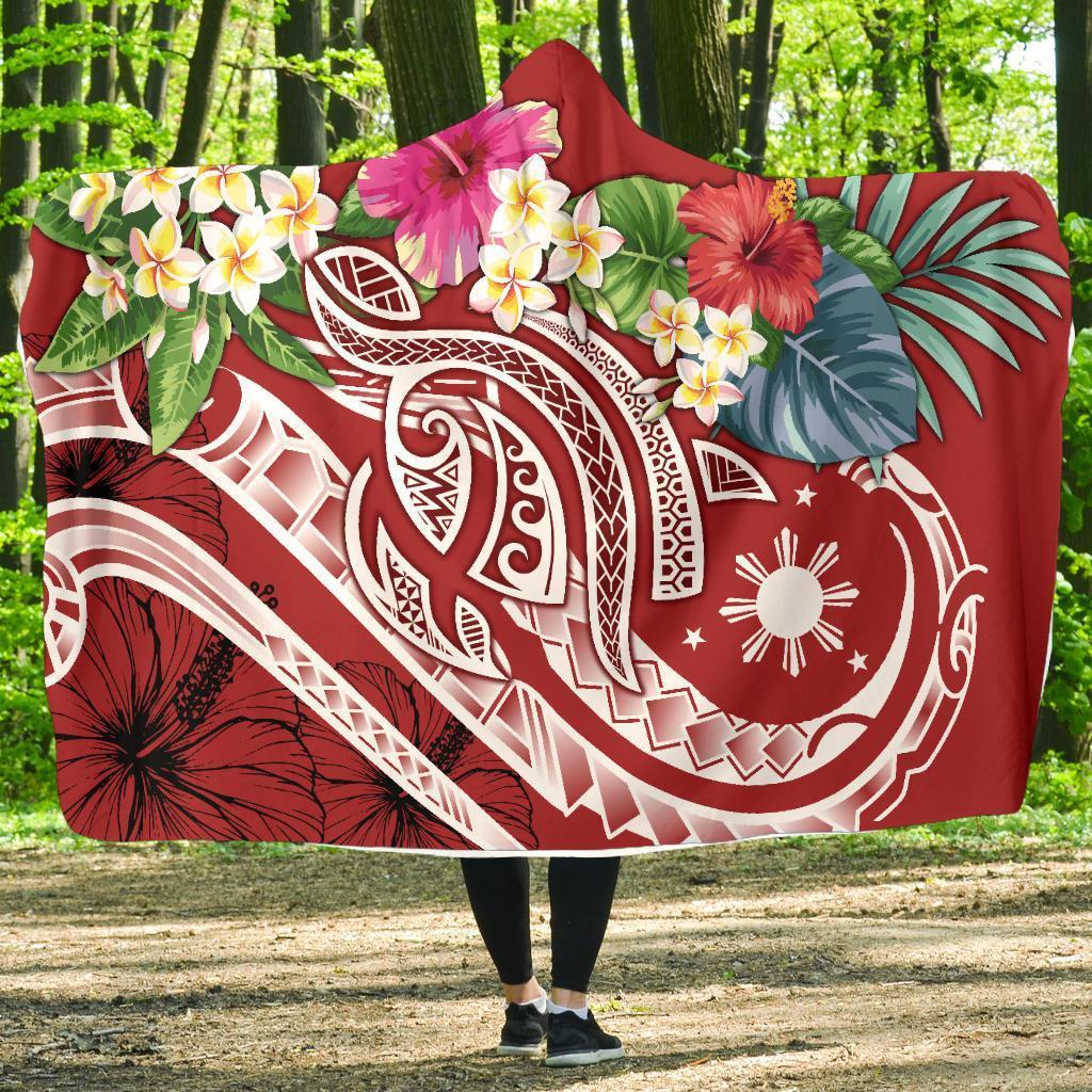 The Philippines Hooded Blanket - Summer Plumeria (Red) Hooded Blanket Red - Polynesian Pride