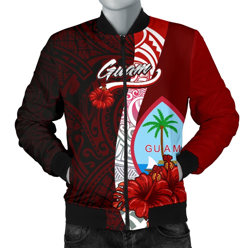 Guam Polynesian Men's Bomber Jacket - Coat Of Arm With Hibiscus Red - Polynesian Pride