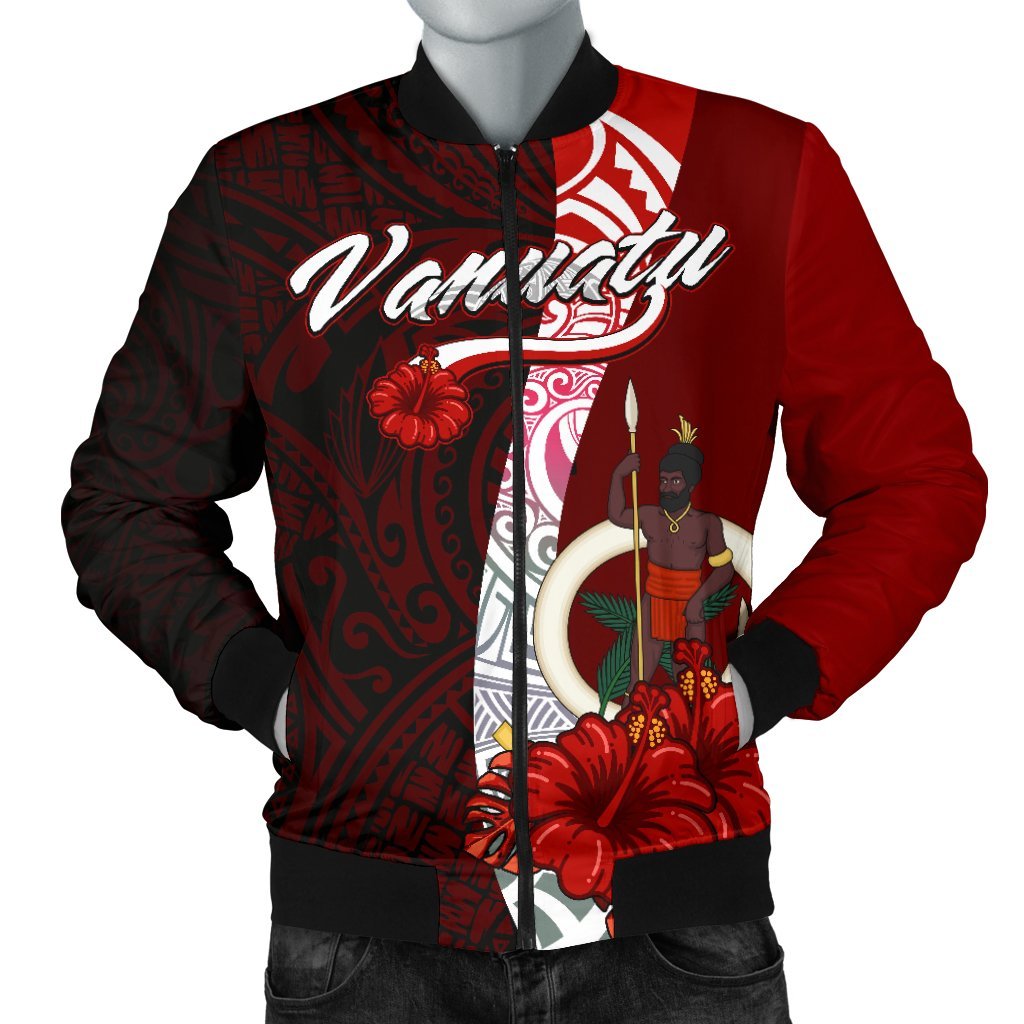Vanuatu Polynesian Men's Bomber Jacket - Coat Of Arm With Hibiscus Red - Polynesian Pride