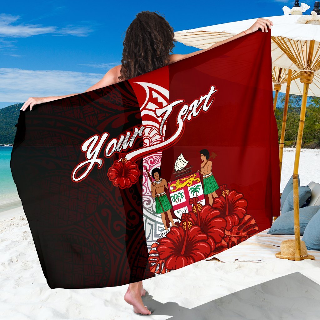 Fiji Polynesian Custom Personalised Sarong - Coat Of Arm With Hibiscus One Style One Size Red - Polynesian Pride