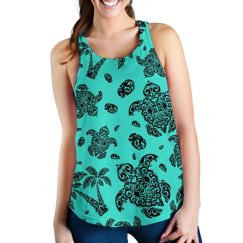 Polynesian Turtle Palm And Sea Pebbles Turquoise Women's Racerback Tank Top Turquoise - Polynesian Pride